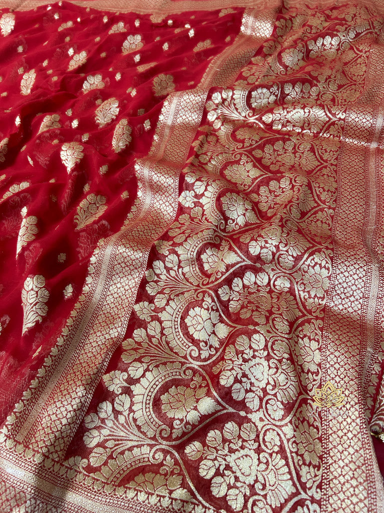 Scarlet Red Banarasi Khaddi Weaved Georgette Saree