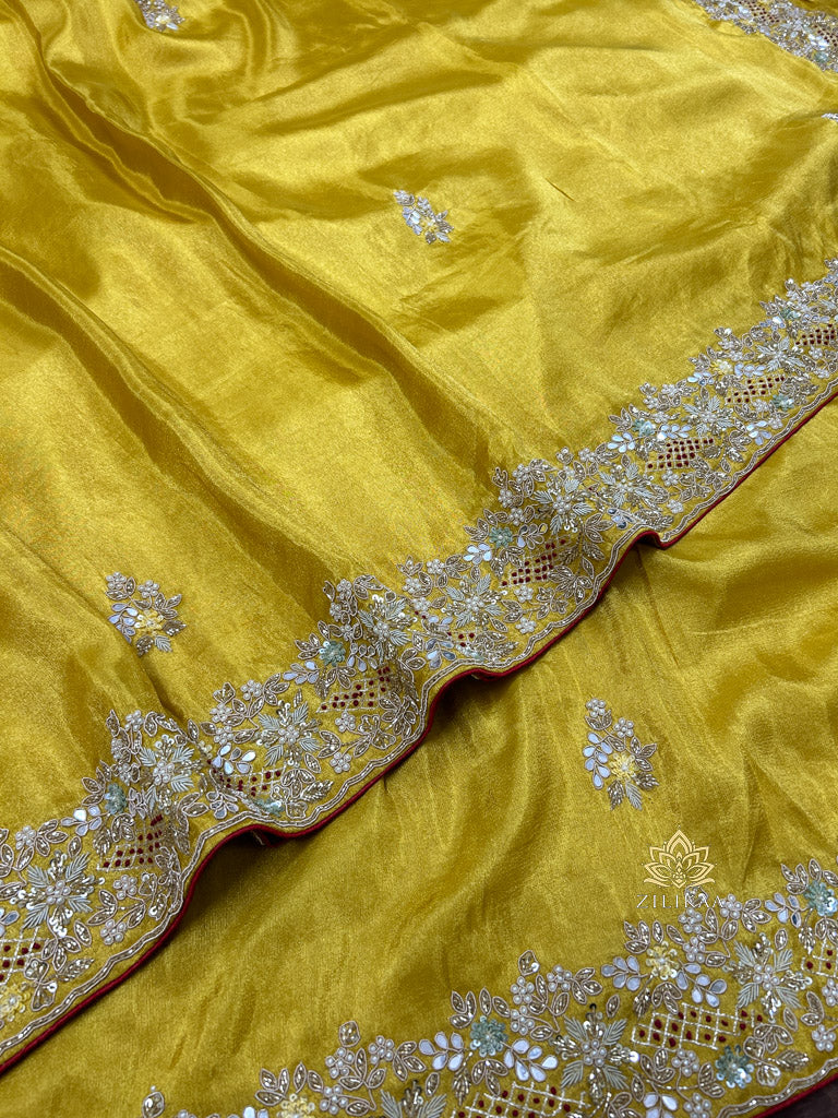 Mustard Golden Soft Tissue Silk Saree with Zardozi Handwork