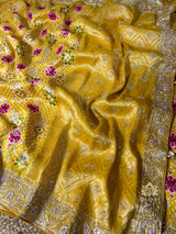 Daffodil Yellow Zardozi Handwork Bandhani print Designer Silk Saree