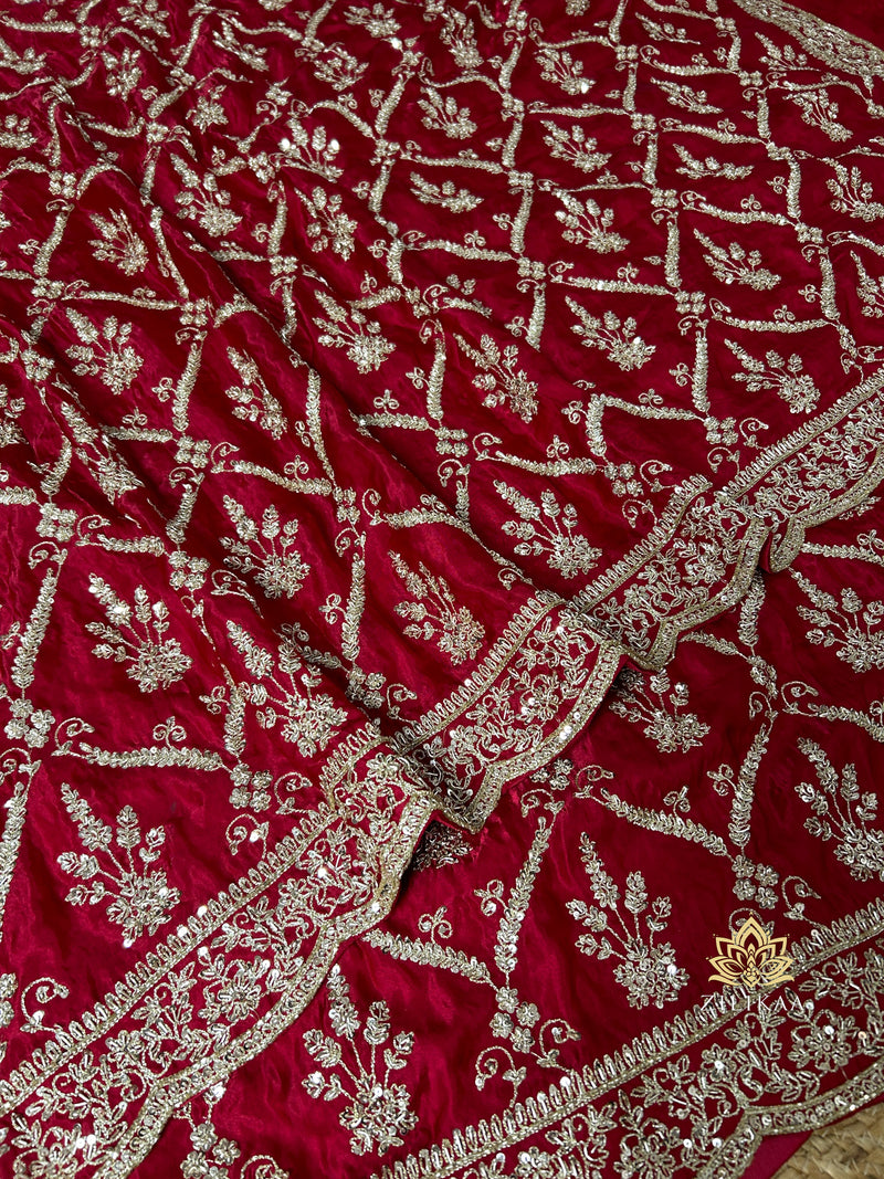 Calcutta Red Aari Zardozi Handwork Satin Silk Saree