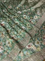 Fern Green Zardozi Handwork Patola Munga silk saree
