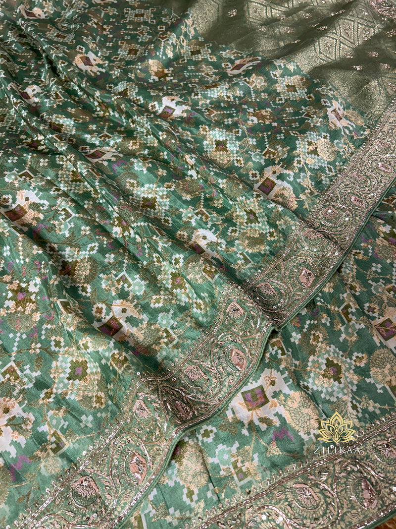 Fern Green Zardozi Handwork Patola Munga silk saree