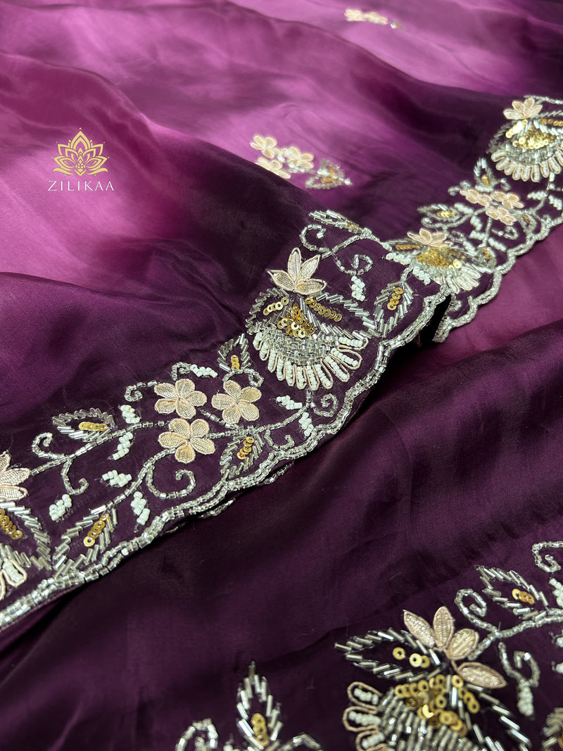 Hand Dyed Purple Uppada Silk Saree with Handwork Border