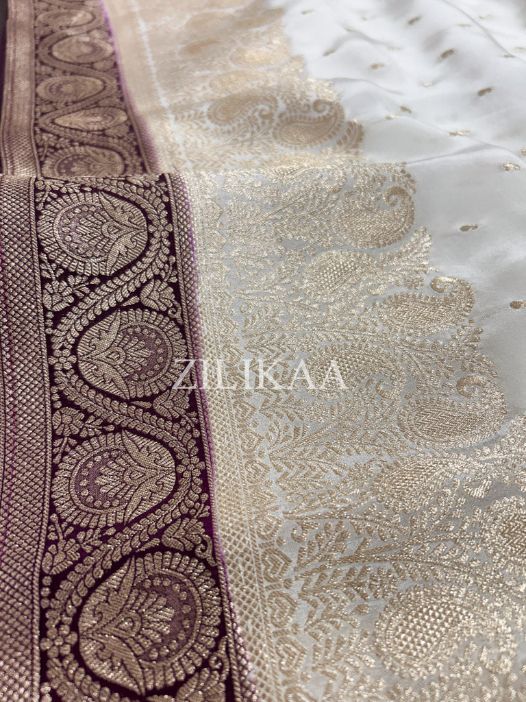 Ivory Purple Munga Silk Saree