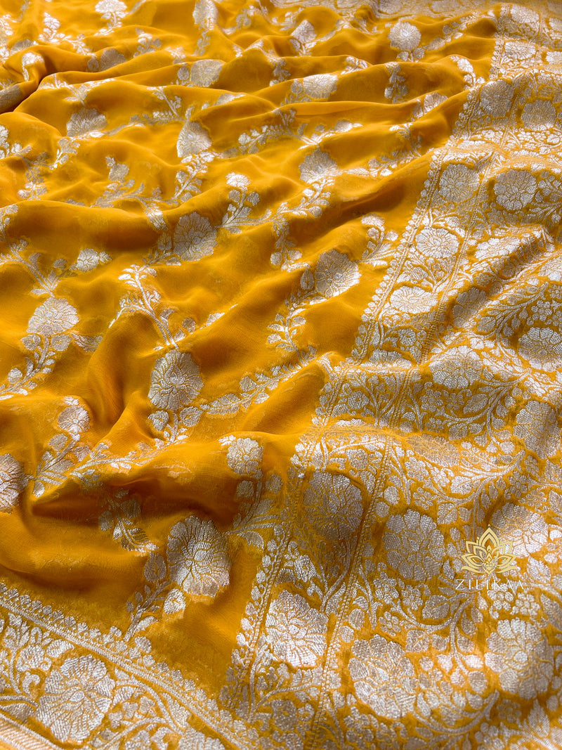 Mustard yellow Banarasi Khaddi Weaved Georgette Saree