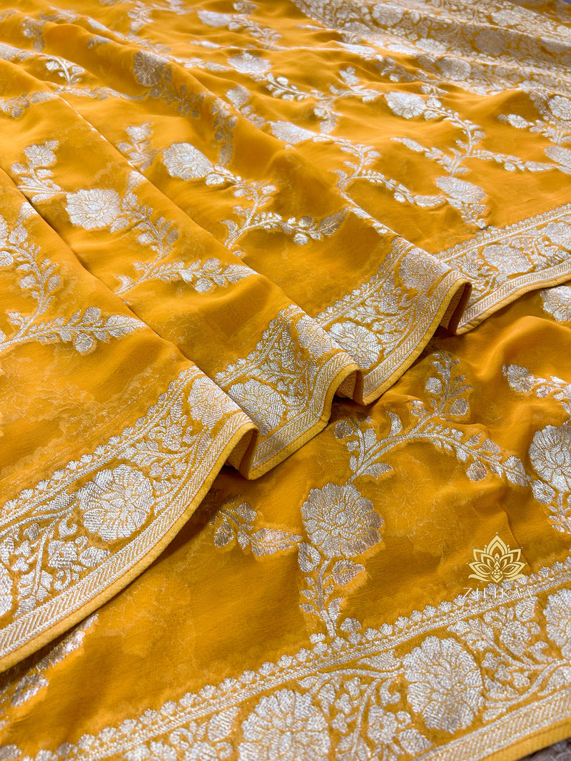 Mustard yellow Banarasi Khaddi Weaved Georgette Saree