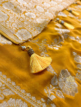 Mustard yellow Banarasi Khaddi Weaved Georgette Saree