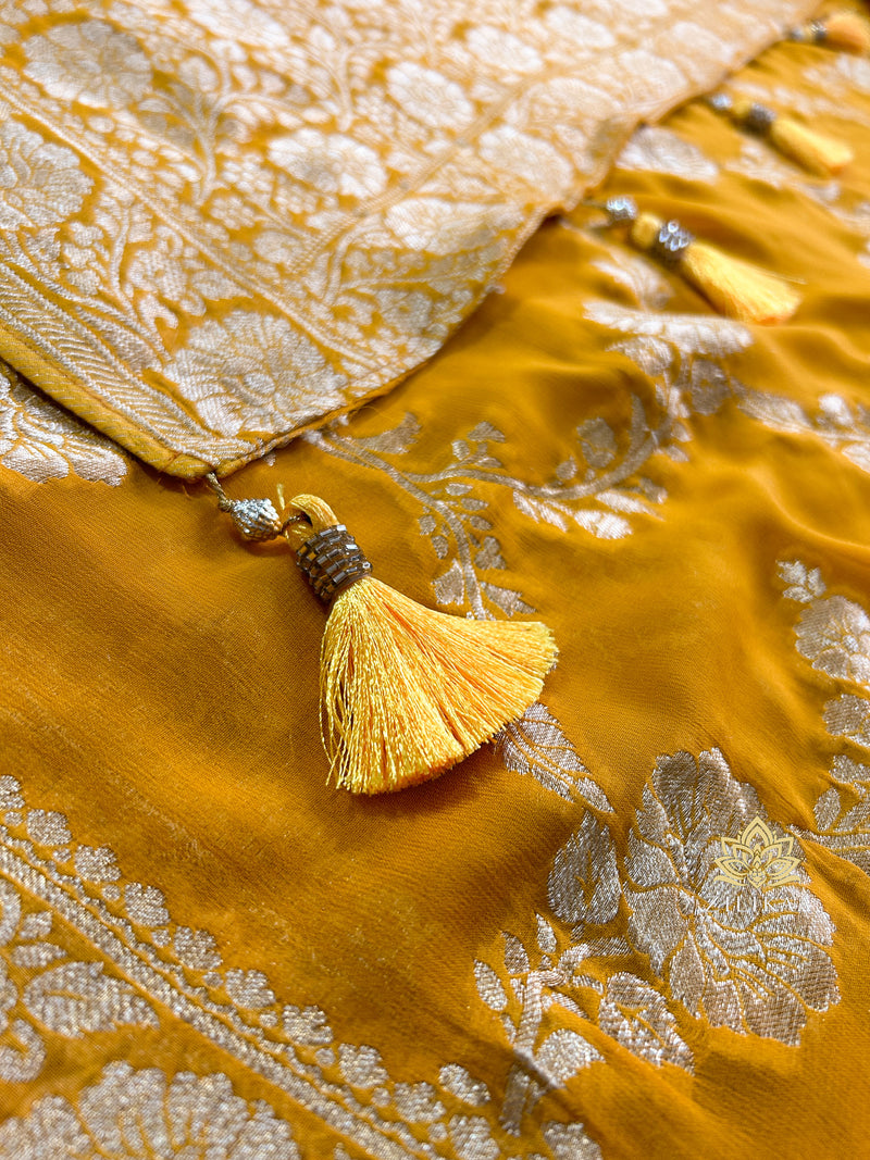 Mustard yellow Banarasi Khaddi Weaved Georgette Saree