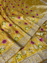 Daffodil Yellow Zardozi Handwork Bandhani print Designer Silk Saree