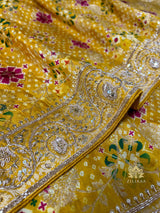 Daffodil Yellow Zardozi Handwork Bandhani print Designer Silk Saree
