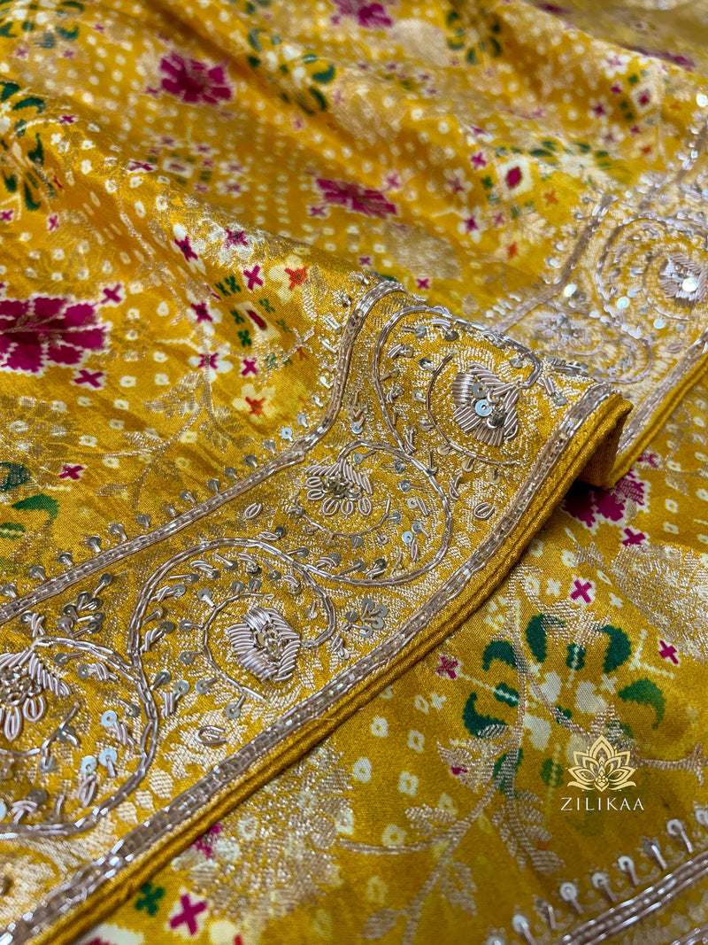 Daffodil Yellow Zardozi Handwork Bandhani print Designer Silk Saree