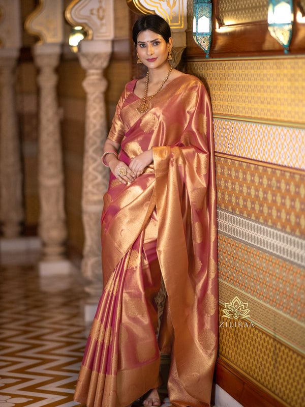 Salmon Pink Kanchipuram Tissue Silk Saree