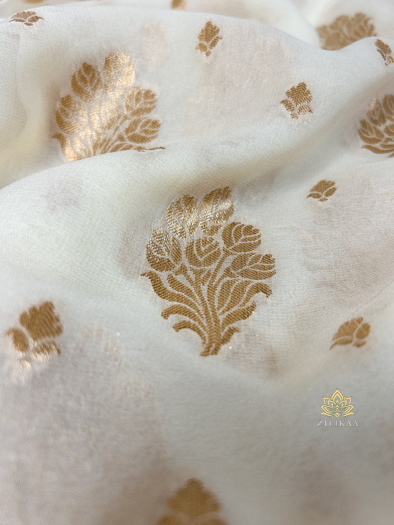 Ivory White Banarasi Khaddi Weaved Georgette Saree