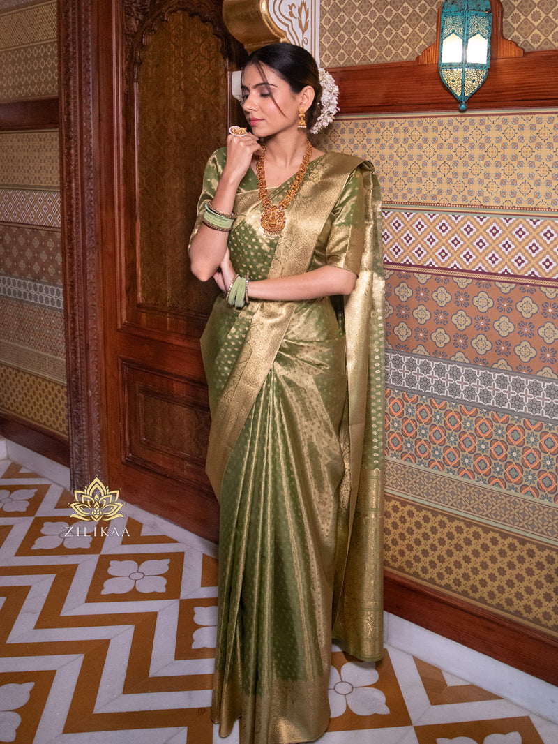 Olive Green Kanchipuram Tissue Silk Saree