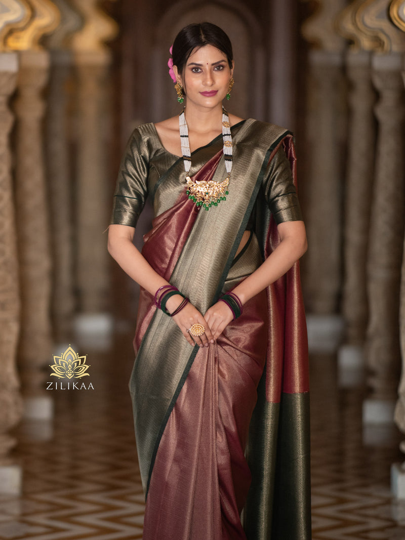 Maroon with Bottle Green  Kanchipuram Silk Saree