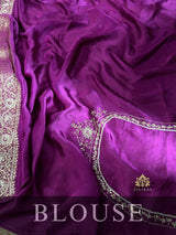 Plum Purple Zardozi Pearl Handwork Mulberry Banarasi Silk Saree