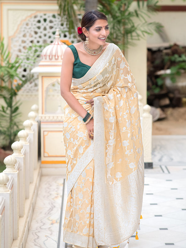 Daffodil Yellow Antique Silver Zari Khaddi Weaved Georgette Saree