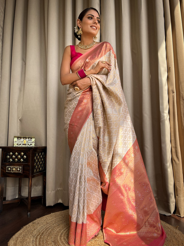 Bride Special Off White Banarasi Handloom Katan Silk Saree