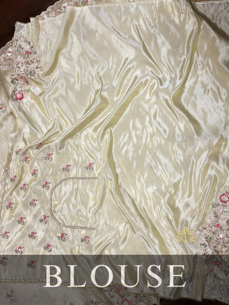 Ivory White Soft Tissue Silk Saree With Scalloped Sequins Zardozi Pearl Handwork