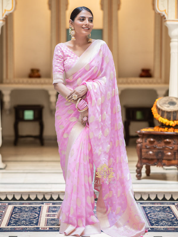 Baby Pink Banarasi Khaddi Weaved Georgette Saree