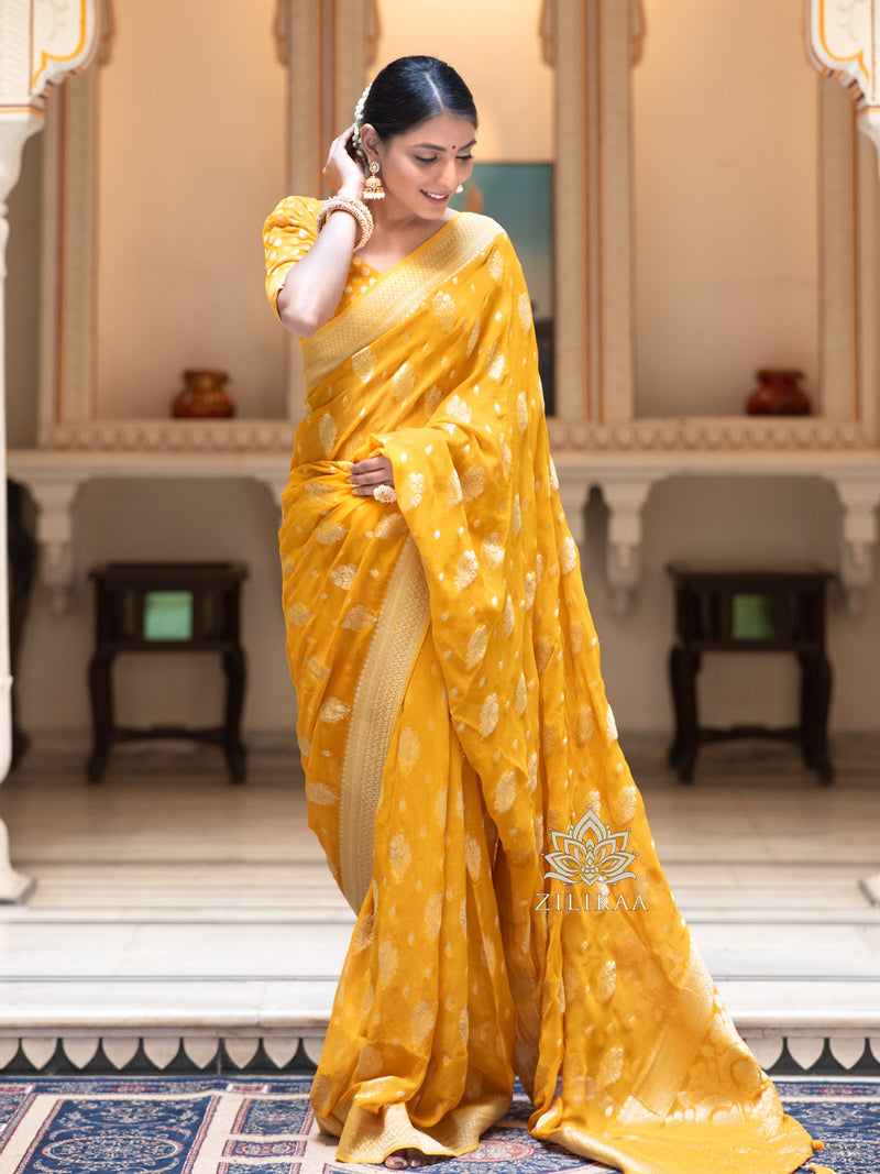 Buy Stylish Georgette Yellow Saree with Blouse piece For Women Online In  India At Discounted Prices