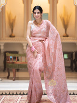 Salmon pink Gota Embroidery French Silk Saree