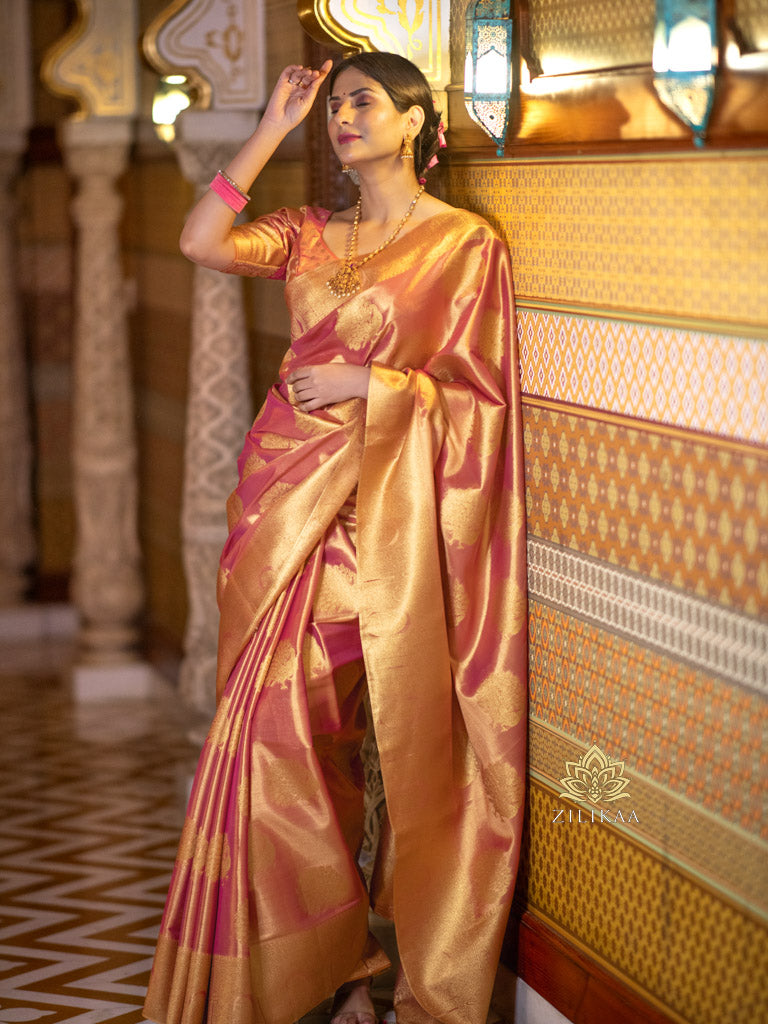 Salmon Pink Kanchipuram Tissue Silk Saree