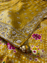 Daffodil Yellow Zardozi Handwork Bandhani print Designer Silk Saree