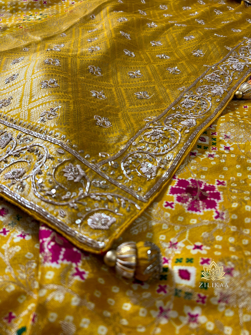 Daffodil Yellow Zardozi Handwork Bandhani print Designer Silk Saree