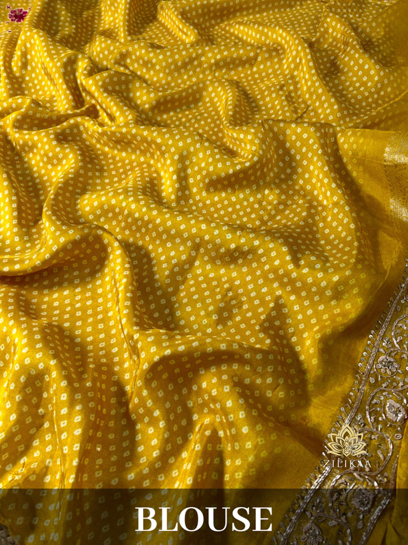 Daffodil Yellow Zardozi Handwork Bandhani print Designer Silk Saree