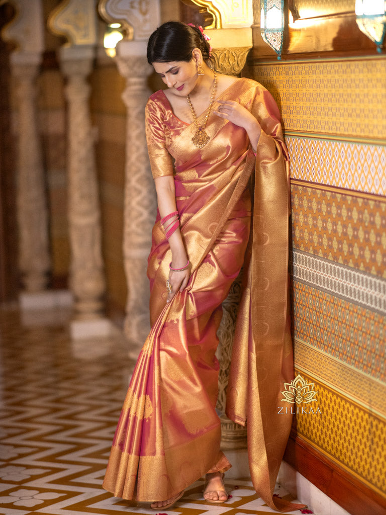 Salmon Pink Kanchipuram Tissue Silk Saree