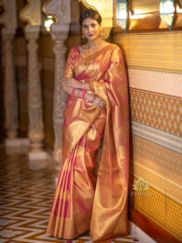 Salmon Pink Kanchipuram Tissue Silk Saree