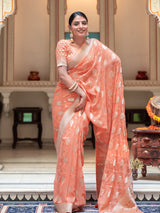 Salmon Peach Banarasi Khaddi Weaved Georgette Saree