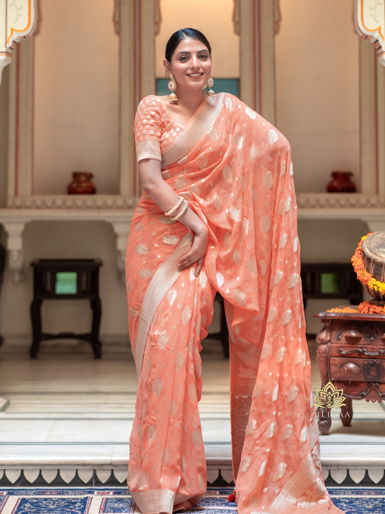 Salmon Peach Banarasi Khaddi Weaved Georgette Saree