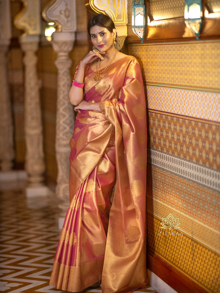 Salmon Pink Kanchipuram Tissue Silk Saree