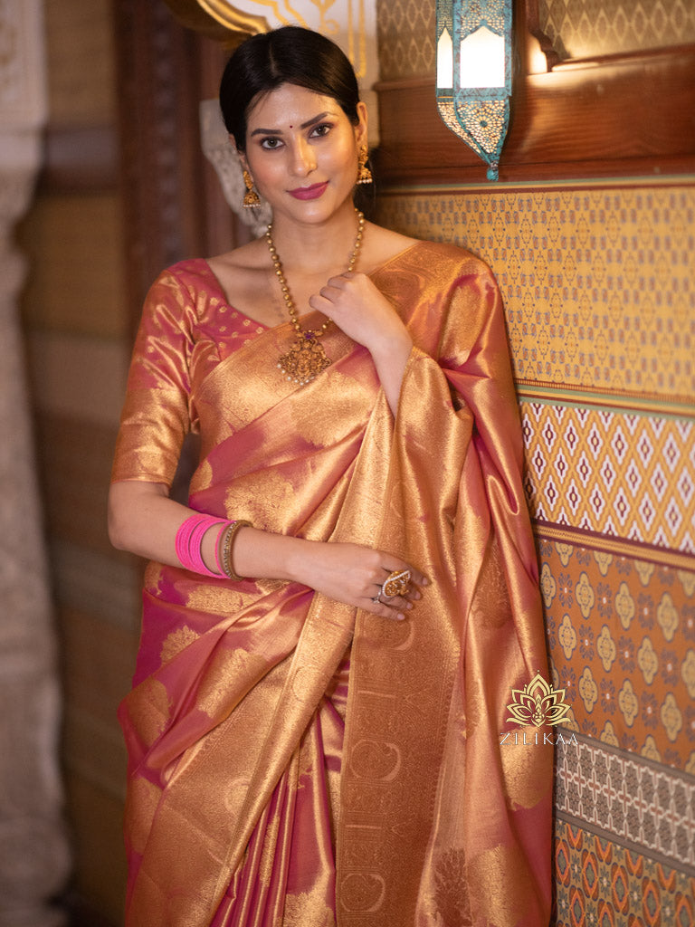 Salmon Pink Kanchipuram Tissue Silk Saree