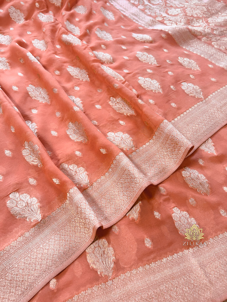 Salmon Peach Banarasi Khaddi Weaved Georgette Saree