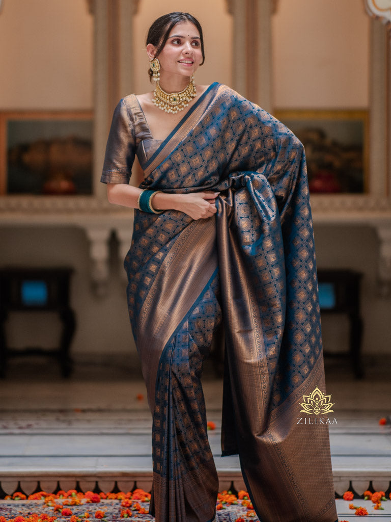 Peacock Blue Kanjeevaram Silk Saree