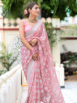 Salmon Pink Antique Silver Zari Khaddi Weaved Georgette Saree
