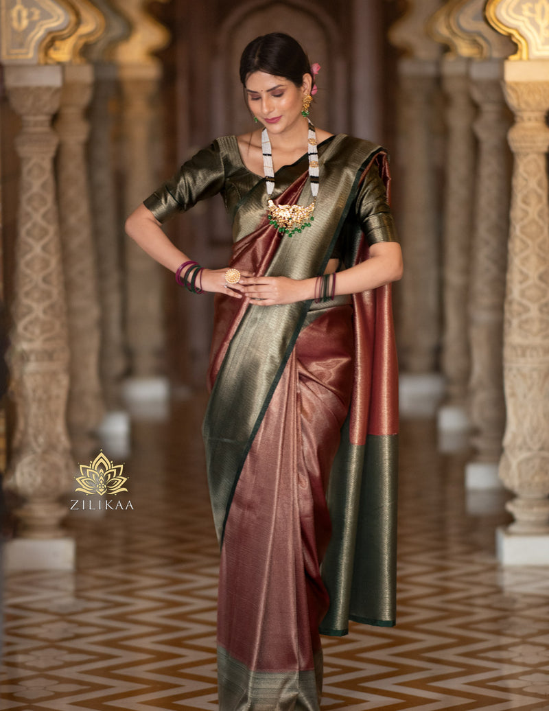 Maroon with Bottle Green  Kanchipuram Silk Saree