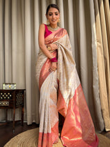 Bride Special Off White Banarasi Handloom Katan Silk Saree