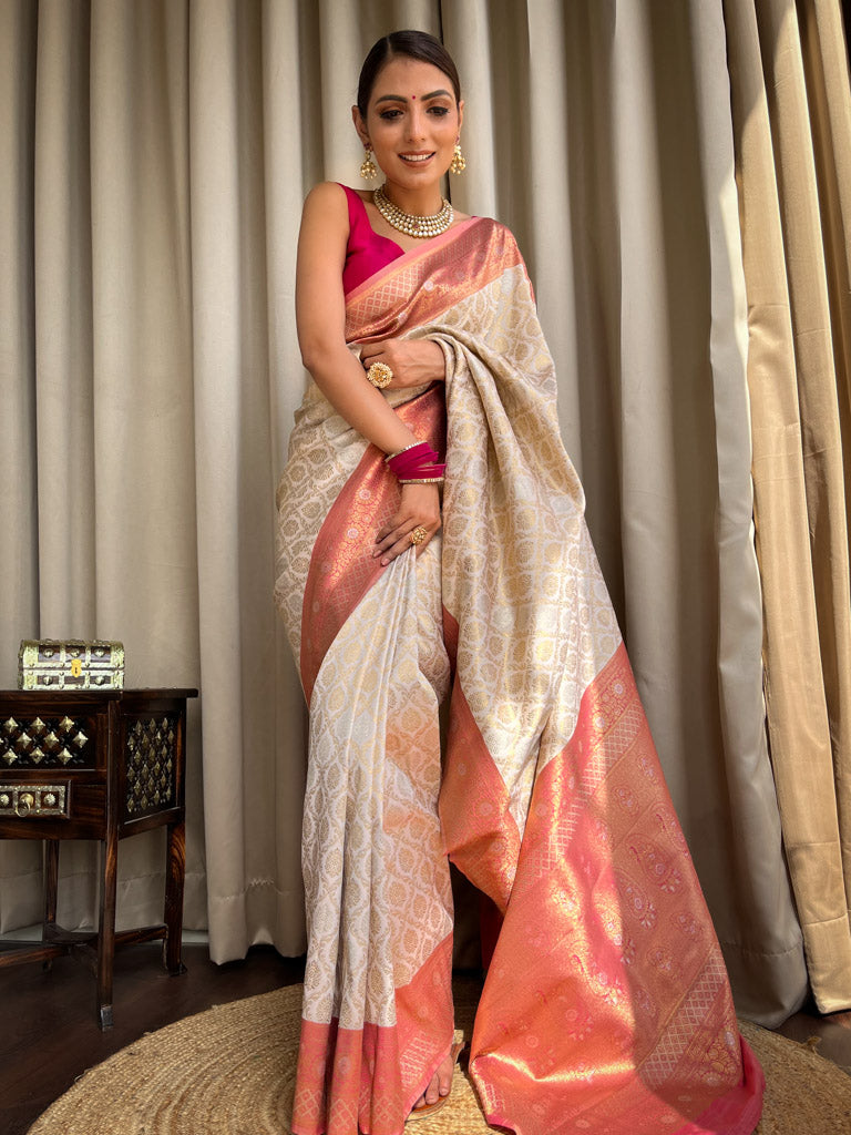 Bride Special Off White Banarasi Handloom Katan Silk Saree