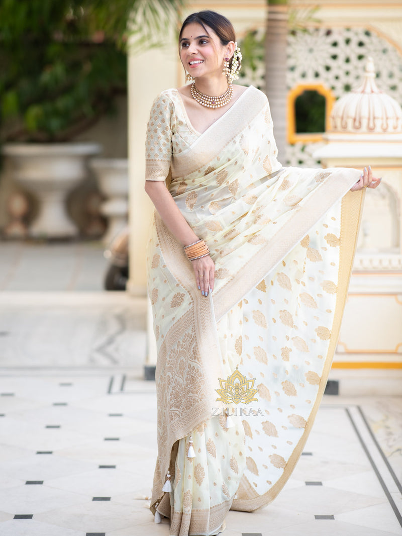 Ivory White Banarasi Khaddi Weaved Georgette Saree