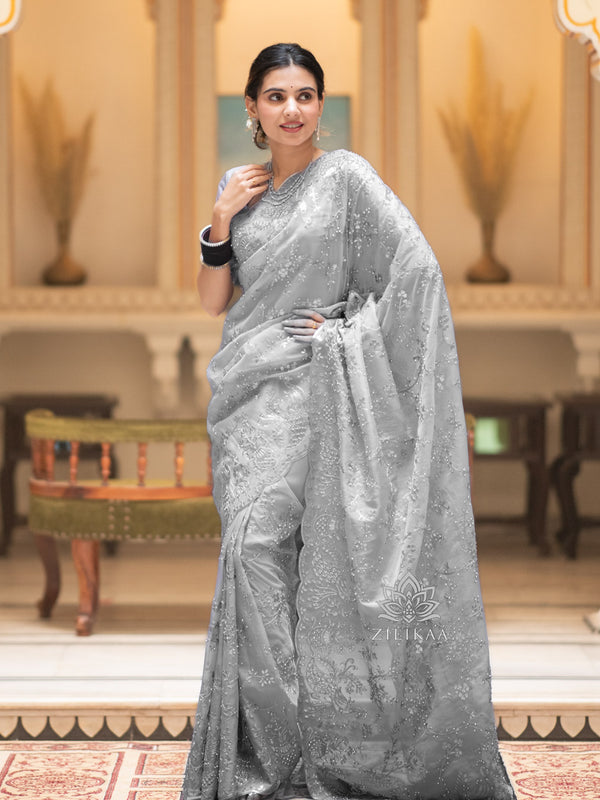 Smoky Grey Gota Embroidery French Silk Saree