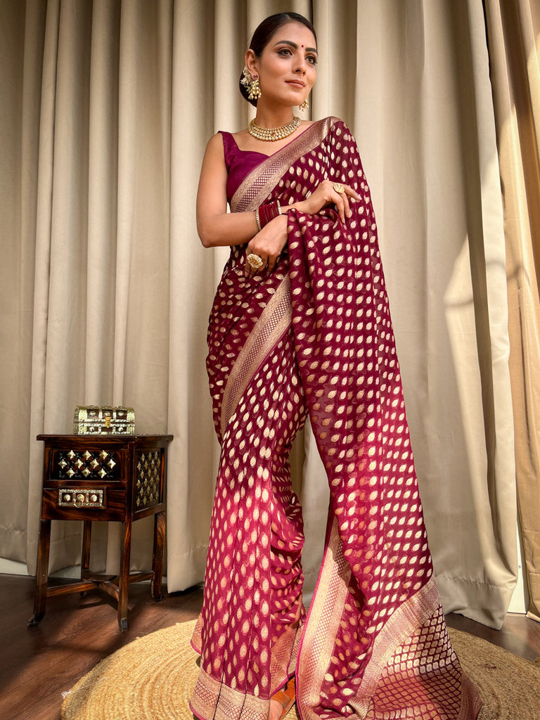 Sangria Wine Banarasi Khaddi Weaved Georgette Saree