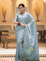 Aque Blue Gota Embroidery French Silk Saree
