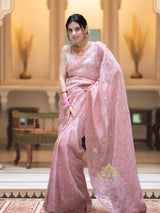 Salmon pink Gota Embroidery French Silk Saree