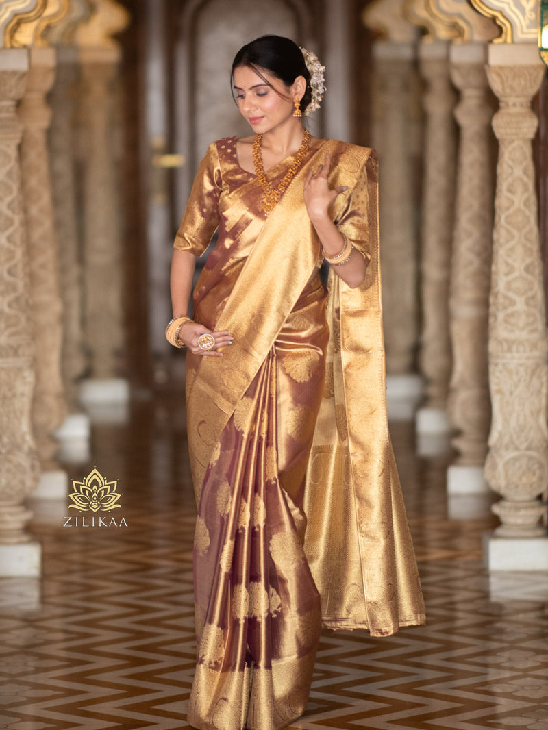 Caramel Gold Kanchipuram Tissue Silk Saree