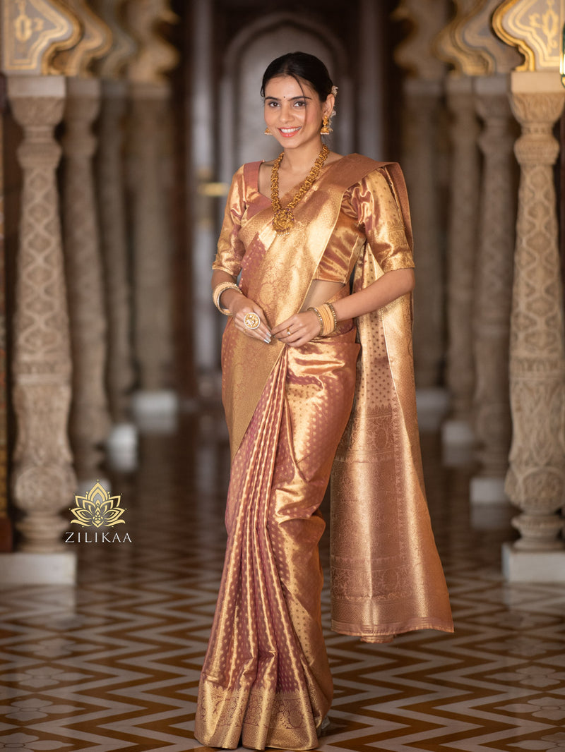 Caramel Gold Kanchipuram Tissue Silk Saree – Zilikaa