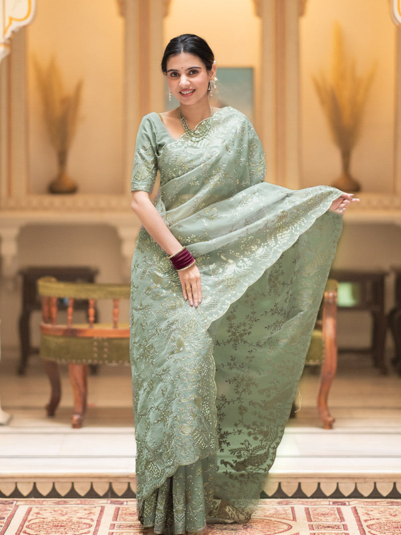 Fern Green Gota Embroidery French Silk Saree